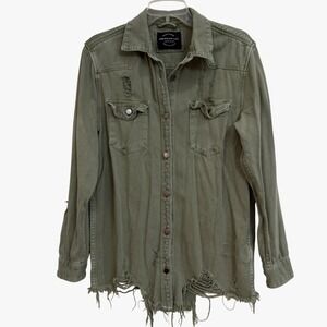American Bazi Utility Women Olive Green Distressed Denim Shirt Jacke L NWOT EDGY